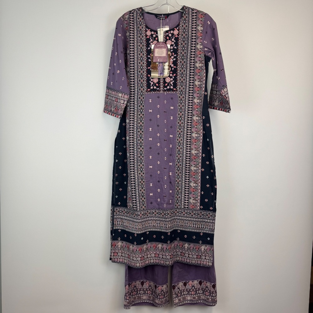 Juniper Rabari Purple Cotton Kurta Pant Set Mirror Work Embroidery Small NWT